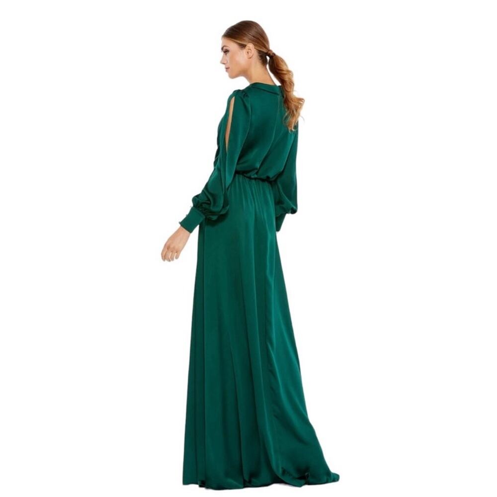 NWT MAC DUGGAL 49146 Deep Green Bishop Sleeve Faux Wrap Maxi Tie Waist Gown - Picture 11 of 11